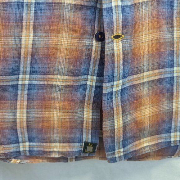 Robert Talbott Size Large Orange/Blue Plaid Button Down in 100% Linen - Picture 3 of 16